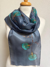 Load image into Gallery viewer, Sweet Peas Design Silk Neck Scarf in Navy Teal Copper by Designer Silk Artist
