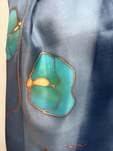 Load image into Gallery viewer, Sweet Peas Design Silk Neck Scarf in Navy Teal Copper by Designer Silk Artist

