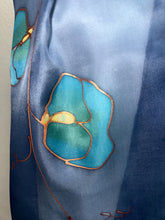 Load image into Gallery viewer, Sweet Peas Design Silk Neck Scarf in Navy Teal Copper by Designer Silk Artist
