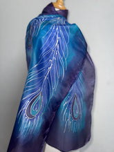 Load image into Gallery viewer, Peacock Feathers Design Hand Painted Silk Neck Scarf in Blue Purple Silver
