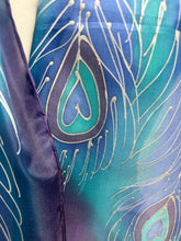 Load image into Gallery viewer, Peacock Feathers Design Hand Painted Silk Neck Scarf in Blue Purple Silver
