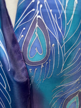 Load image into Gallery viewer, Peacock Feathers Design Hand Painted Silk Neck Scarf in Blue Purple Silver
