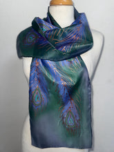 Load image into Gallery viewer, Peacock Feathers Design Hand Painted Silk Neck Scarf in Navy Green Copper
