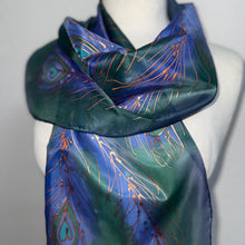 Load image into Gallery viewer, Peacock Feathers Design Hand Painted Silk Neck Scarf in Navy Green Copper
