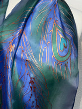 Load image into Gallery viewer, Peacock Feathers Design Hand Painted Silk Neck Scarf in Navy Green Copper
