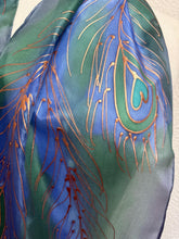 Load image into Gallery viewer, Peacock Feathers Design Hand Painted Silk Neck Scarf in Navy Green Copper
