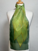 Load image into Gallery viewer, Flames Design Hand Painted Silk Neck Scarf in Greens Gold by Designer Silk Artist
