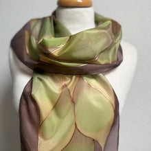Load image into Gallery viewer, Flames Design Hand Painted Silk Neck Scarf in Chocolate Brown Greens Copper by Designer Silk Artist
