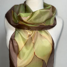 Load image into Gallery viewer, Flames Design Hand Painted Silk Neck Scarf in Chocolate Brown Greens Copper by Designer Silk Artist
