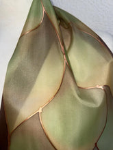 Load image into Gallery viewer, Flames Design Hand Painted Silk Neck Scarf in Chocolate Brown Greens Copper by Designer Silk Artist
