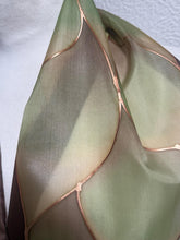 Load image into Gallery viewer, Flames Design Hand Painted Silk Neck Scarf in Chocolate Brown Greens Copper by Designer Silk Artist
