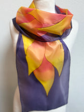 Load image into Gallery viewer, Flames Design Hand Painted Silk Neck Scarf in Purple Fiery Shades by Designer Silk Artist
