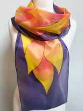 Load image into Gallery viewer, Flames Design Hand Painted Silk Neck Scarf in Purple Fiery Shades by Designer Silk Artist
