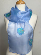 Load image into Gallery viewer, Sweet Peas Design Silk Neck Scarf in Pale Blue Silver by Designer Silk Artist
