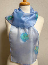 Load image into Gallery viewer, Sweet Peas Design Silk Neck Scarf in Pale Blue Silver by Designer Silk Artist
