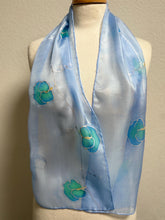 Load image into Gallery viewer, Sweet Peas Design Silk Neck Scarf in Pale Blue Silver by Designer Silk Artist
