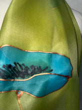 Load image into Gallery viewer, Poppies Design Long Scarf : Hand Painted Silk in Chartreuse Turquoise Copper
