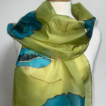 Load image into Gallery viewer, Poppies Design Long Scarf : Hand Painted Silk in Chartreuse Turquoise Copper
