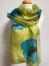 Load image into Gallery viewer, Poppies Design Long Scarf : Hand Painted Silk in Chartreuse Turquoise Copper
