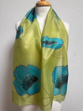 Load image into Gallery viewer, Poppies Design Long Scarf : Hand Painted Silk in Chartreuse Turquoise Copper
