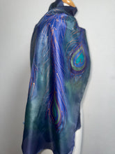 Load image into Gallery viewer, Peacock Feathers Design Long Scarf : Hand Painted Silk in Blues Navy Green Copper by Designer Silk Artist
