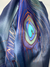 Load image into Gallery viewer, Peacock Feathers Design Long Scarf : Hand Painted Silk in Blues Navy Green Copper by Designer Silk Artist

