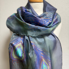 Load image into Gallery viewer, Peacock Feathers Design Long Scarf : Hand Painted Silk in Blues Navy Green Copper by Designer Silk Artist

