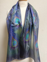 Load image into Gallery viewer, Peacock Feathers Design Long Scarf : Hand Painted Silk in Blues Navy Green Copper by Designer Silk Artist
