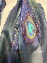 Load image into Gallery viewer, Peacock Feathers Design Long Scarf : Hand Painted Silk in Blues Navy Green Copper by Designer Silk Artist
