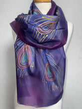 Load image into Gallery viewer, Peacock Feathers Design Long Scarf : Hand Painted Silk in Purple Navy Gold by Designer Silk Artist

