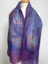 Load image into Gallery viewer, Peacock Feathers Design Long Scarf : Hand Painted Silk in Purple Navy Gold by Designer Silk Artist
