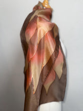 Load image into Gallery viewer, Flames Design Hand Painted Silk Neck Scarf in Brown Terracotta Copper by Designer Silk Artist
