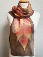 Load image into Gallery viewer, Flames Design Hand Painted Silk Neck Scarf in Brown Terracotta Copper by Designer Silk Artist
