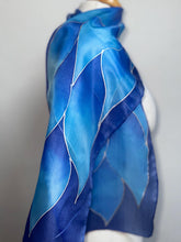 Load image into Gallery viewer, Flames Design Hand Painted Silk Neck Scarf in Cobalt Navy Blue Silver by Designer Silk Artist
