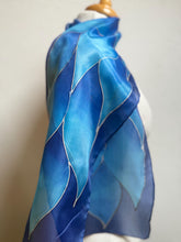 Load image into Gallery viewer, Flames Design Hand Painted Silk Neck Scarf in Cobalt Navy Blue Silver by Designer Silk Artist
