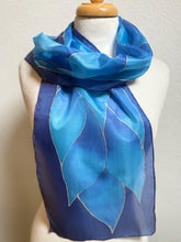 Load image into Gallery viewer, Flames Design Hand Painted Silk Neck Scarf in Cobalt Navy Blue Silver by Designer Silk Artist

