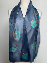 Load image into Gallery viewer, Sweet Peas Design Silk Neck Scarf in Navy Teal Copper by Designer Silk Artist
