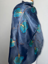 Load image into Gallery viewer, Sweet Peas Design Silk Neck Scarf in Navy Teal Copper by Designer Silk Artist
