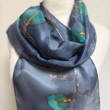 Load image into Gallery viewer, Sweet Peas Design Silk Neck Scarf in Navy Teal Copper by Designer Silk Artist
