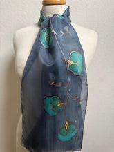 Load image into Gallery viewer, Sweet Peas Design Silk Neck Scarf in Navy Teal Copper by Designer Silk Artist
