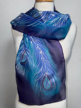 Load image into Gallery viewer, Peacock Feathers Design Hand Painted Silk Neck Scarf in Blue Purple Silver
