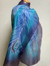 Load image into Gallery viewer, Peacock Feathers Design Hand Painted Silk Neck Scarf in Blue Purple Silver
