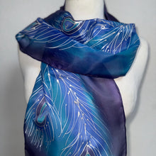 Load image into Gallery viewer, Peacock Feathers Design Hand Painted Silk Neck Scarf in Blue Purple Silver

