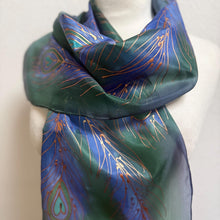 Load image into Gallery viewer, Peacock Feathers Design Hand Painted Silk Neck Scarf in Navy Green Copper
