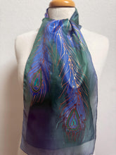 Load image into Gallery viewer, Peacock Feathers Design Hand Painted Silk Neck Scarf in Navy Green Copper
