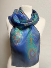Load image into Gallery viewer, Peacock Feathers Design Hand Painted Silk Neck Scarf in Jade Turquoise Blue Gold
