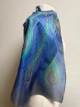 Load image into Gallery viewer, Peacock Feathers Design Hand Painted Silk Neck Scarf in Jade Turquoise Blue Gold
