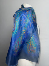 Load image into Gallery viewer, Peacock Feathers Design Hand Painted Silk Neck Scarf in Jade Turquoise Blue Gold
