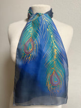 Load image into Gallery viewer, Peacock Feathers Design Hand Painted Silk Neck Scarf in Jade Turquoise Blue Gold
