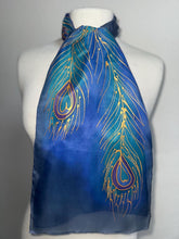Load image into Gallery viewer, Peacock Feathers Design Hand Painted Silk Neck Scarf in Jade Turquoise Blue Gold
